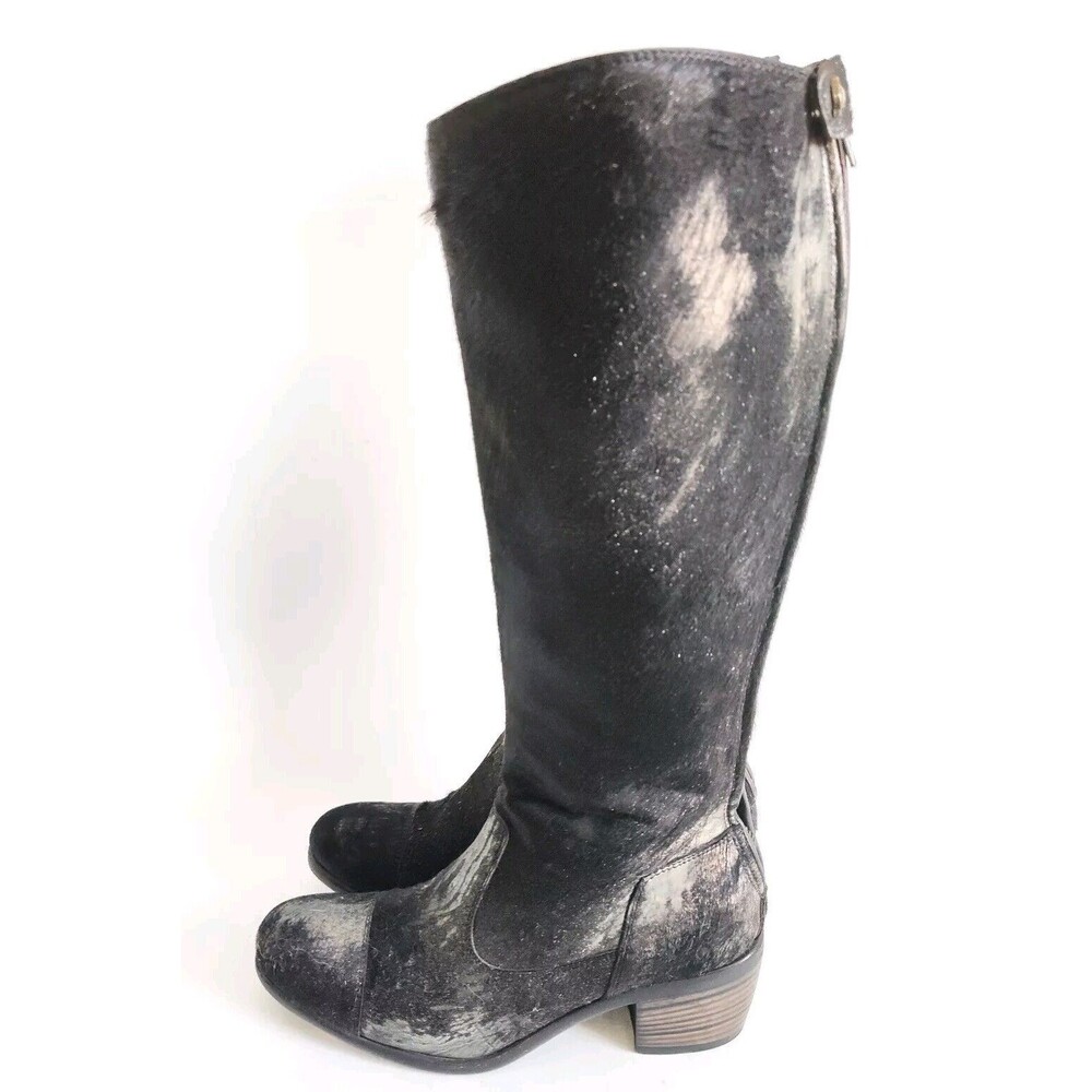 Frye Black‎ Pewter Metallic Leather Calf Hair Size 6 Knee High Tall Riding Boots - Picture 7 of 13